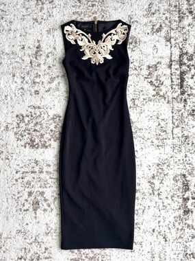 Ted Baker Tammara Black With Metallic Gold Embroidered Bodycon Midi Dress